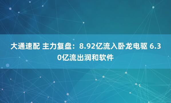 大通速配 主力复盘:8.92亿流入卧龙电驱 6.30亿流出润和软件